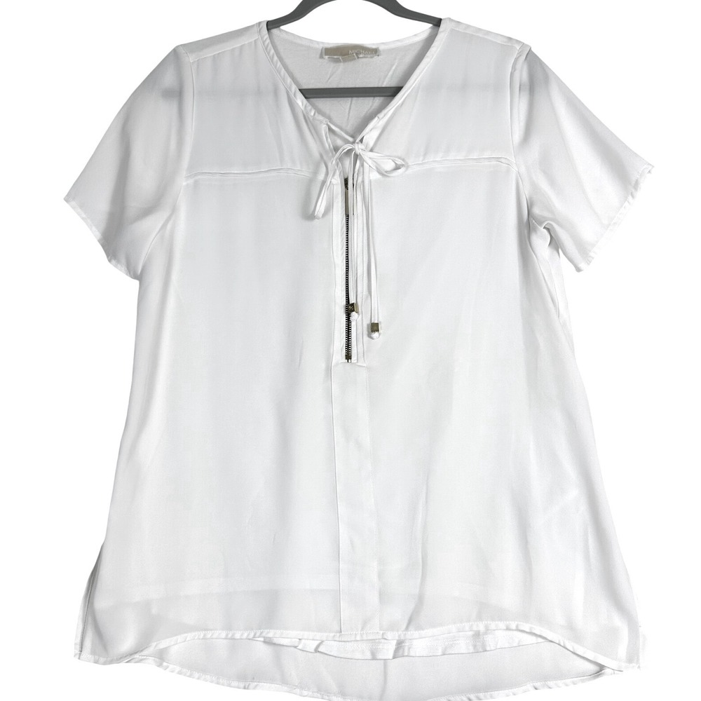 Michael Kors Blouse Women Size 6 White Zip Tie Neck Short Sheer Sleeve Top